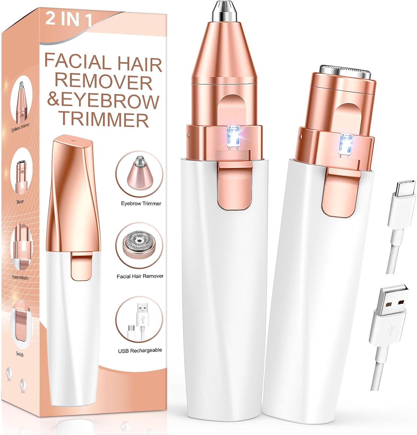 2-in-1 Rechargeable Facial Hair Remover & Eyebrow Trimmer with LED Light