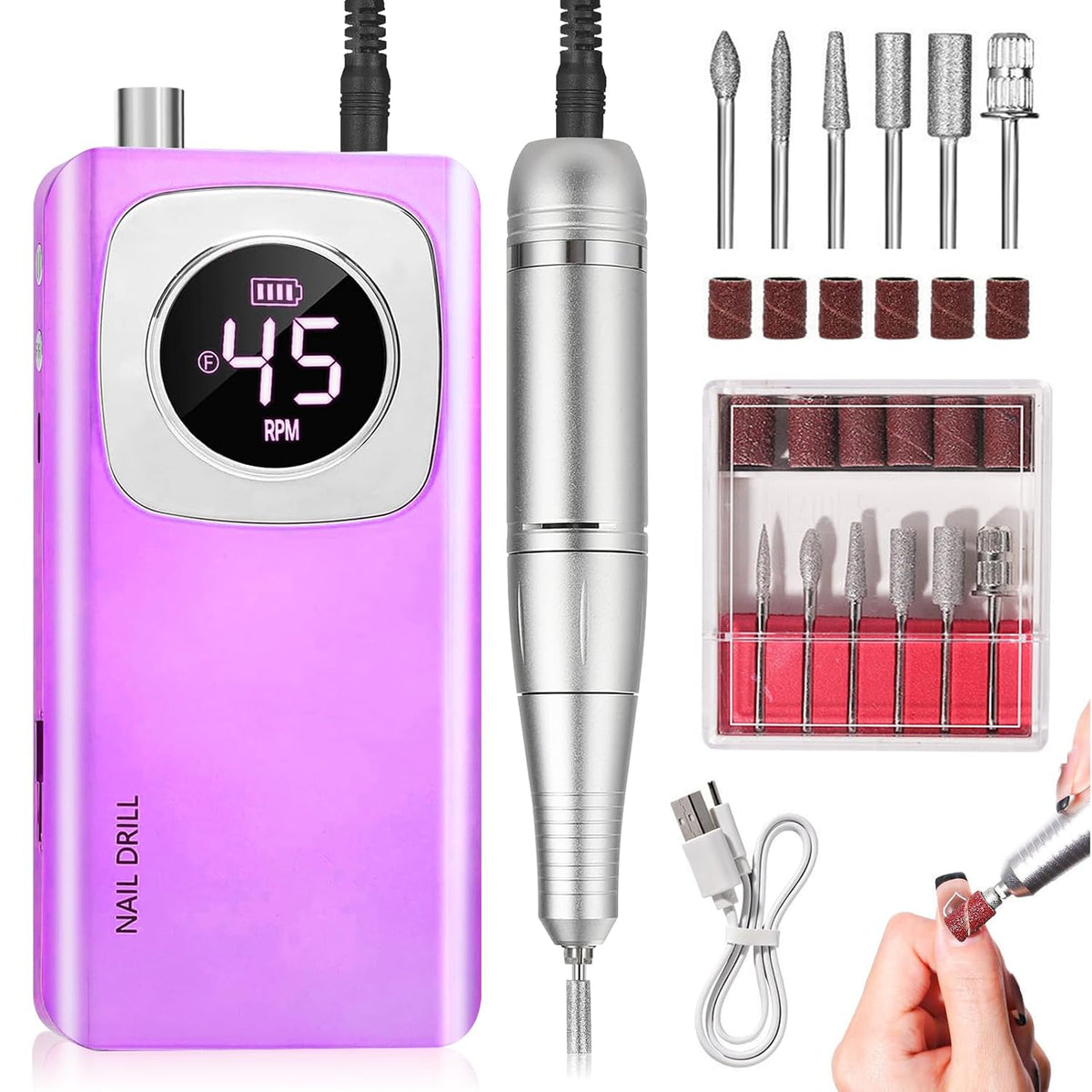 Portable Professional Nail Drill 45000 RPM, Rechargeable Electric File for Acrylic Gel