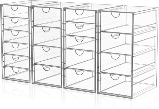 Acrylic Makeup Organizer with 19 Drawers, 4 Pack Clear Cosmetic Storage for Vanity and Bathroom