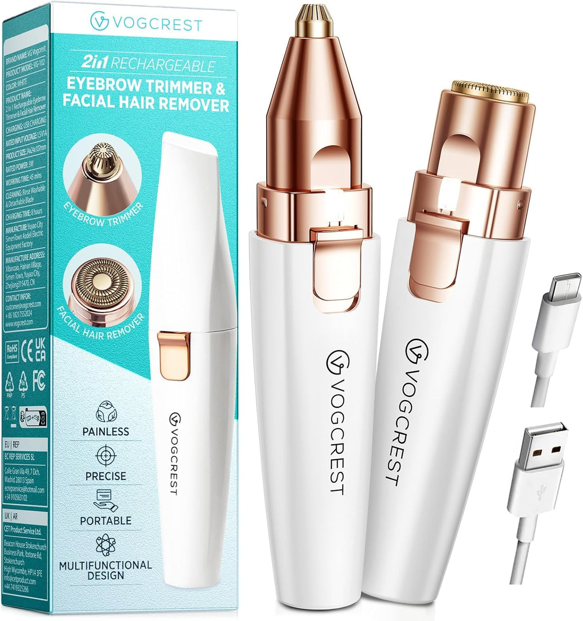 2-in-1 Rechargeable Eyebrow & Facial Hair Trimmer with LED Light - Rose Gold