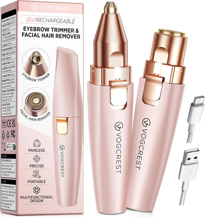2-in-1 Rechargeable Eyebrow & Facial Hair Trimmer with LED Light - Rose Gold