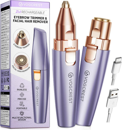 2-in-1 Rechargeable Eyebrow & Facial Hair Trimmer with LED Light - Rose Gold