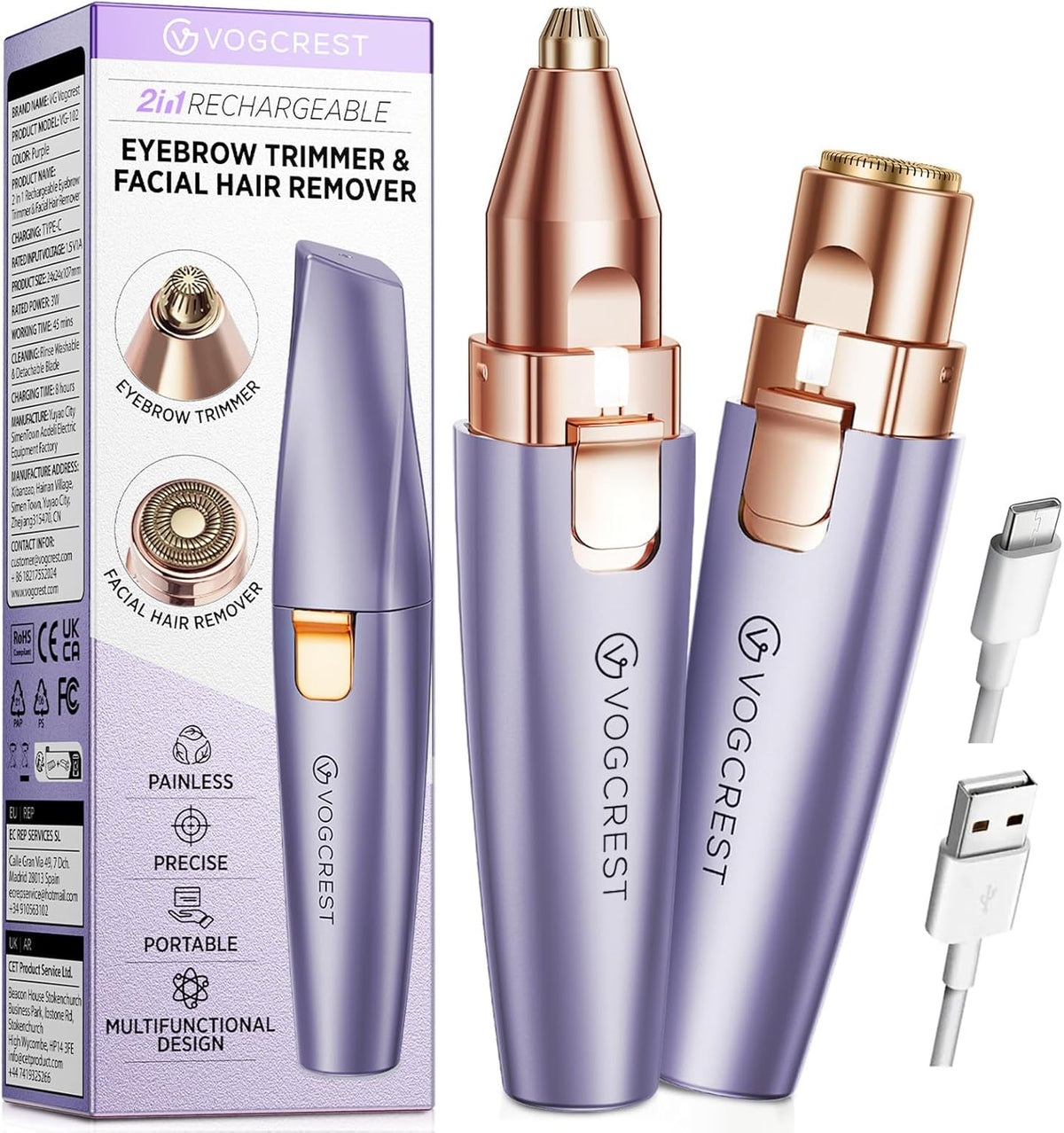 2-in-1 Rechargeable Eyebrow & Facial Hair Trimmer with LED Light - Rose Gold