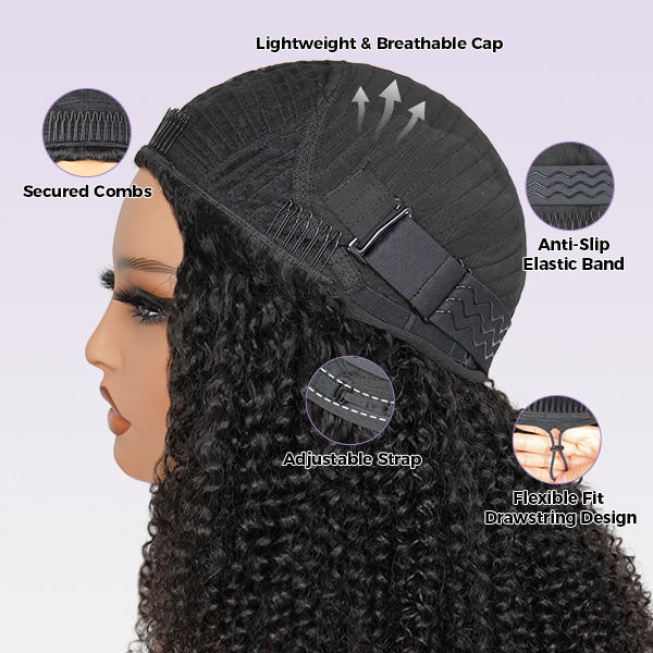 3 In 1 Burmese Curly Glueless Wear Go Half Wig with Elastic Drawstring Seamless Flip Over