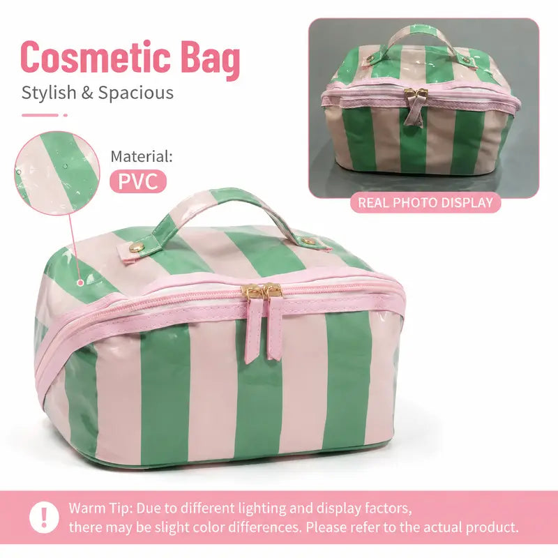 Large Capacity Striped Makeup Bag, Waterproof PVC Travel Organizer with Wide-Mouth Opening