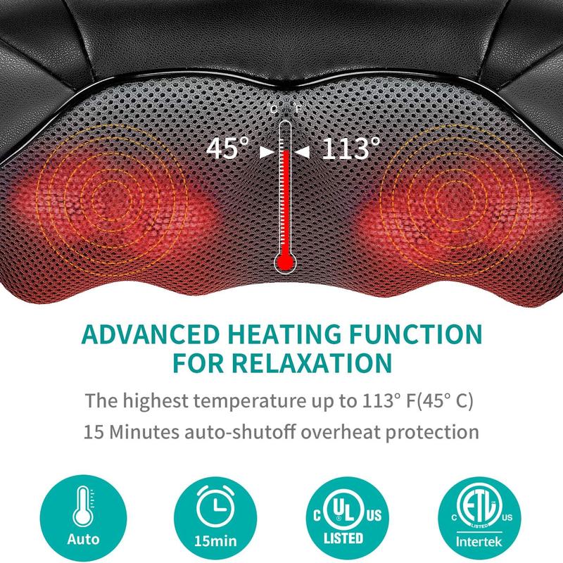 Ergonomic Shiatsu Neck and Back Massager with Soothing Heat and 8 Deep-Kneading Nodes