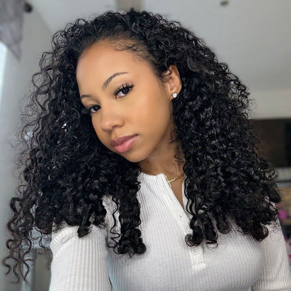 3 In 1 Burmese Curly Glueless Wear Go Half Wig with Elastic Drawstring Seamless Flip Over