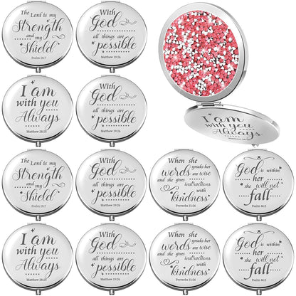 Thyle 12 Pcs Easter Christian Compact Mirror Gifts for Women Bible Study Group Gift Verse Bulk Hand Makeup Compact Purse Religious Baptism for Thank You Holy Communion(Same,Silver)