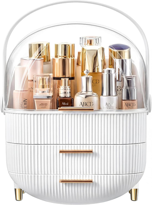 Makeup Organizer and Skincare Display Case with Transparent Dustproof Cover and Golden Handle