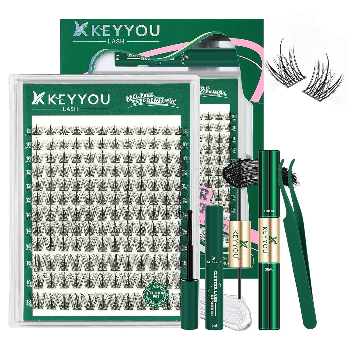 Flora Lash Clusters Kit - 132pcs D Curl Natural Extension Set with Bond, Seal, and Remover