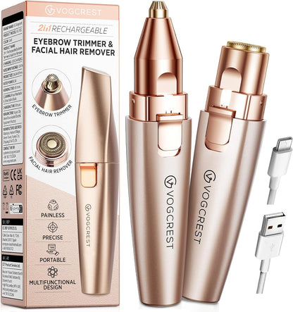 2-in-1 Rechargeable Eyebrow & Facial Hair Trimmer with LED Light - Rose Gold