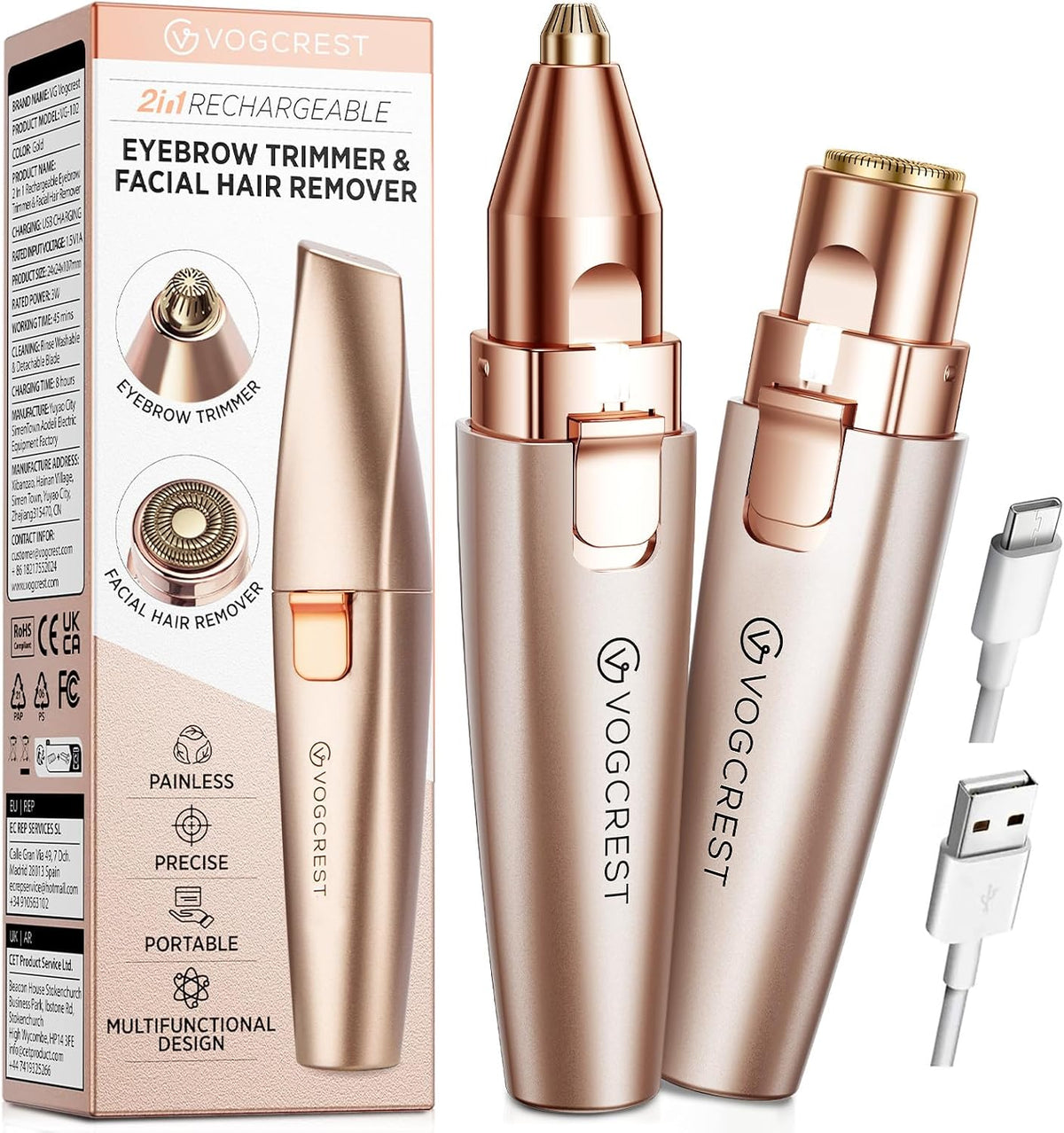 2-in-1 Rechargeable Eyebrow & Facial Hair Trimmer with LED Light - Rose Gold