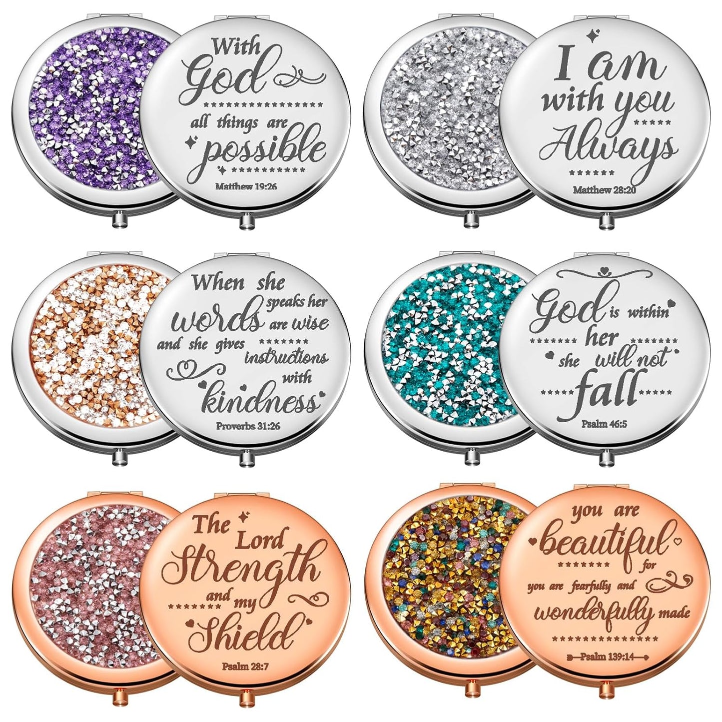 Thyle 12 Pcs Easter Christian Compact Mirror Gifts for Women Bible Study Group Gift Verse Bulk Hand Makeup Compact Purse Religious Baptism for Thank You Holy Communion(Same,Silver)