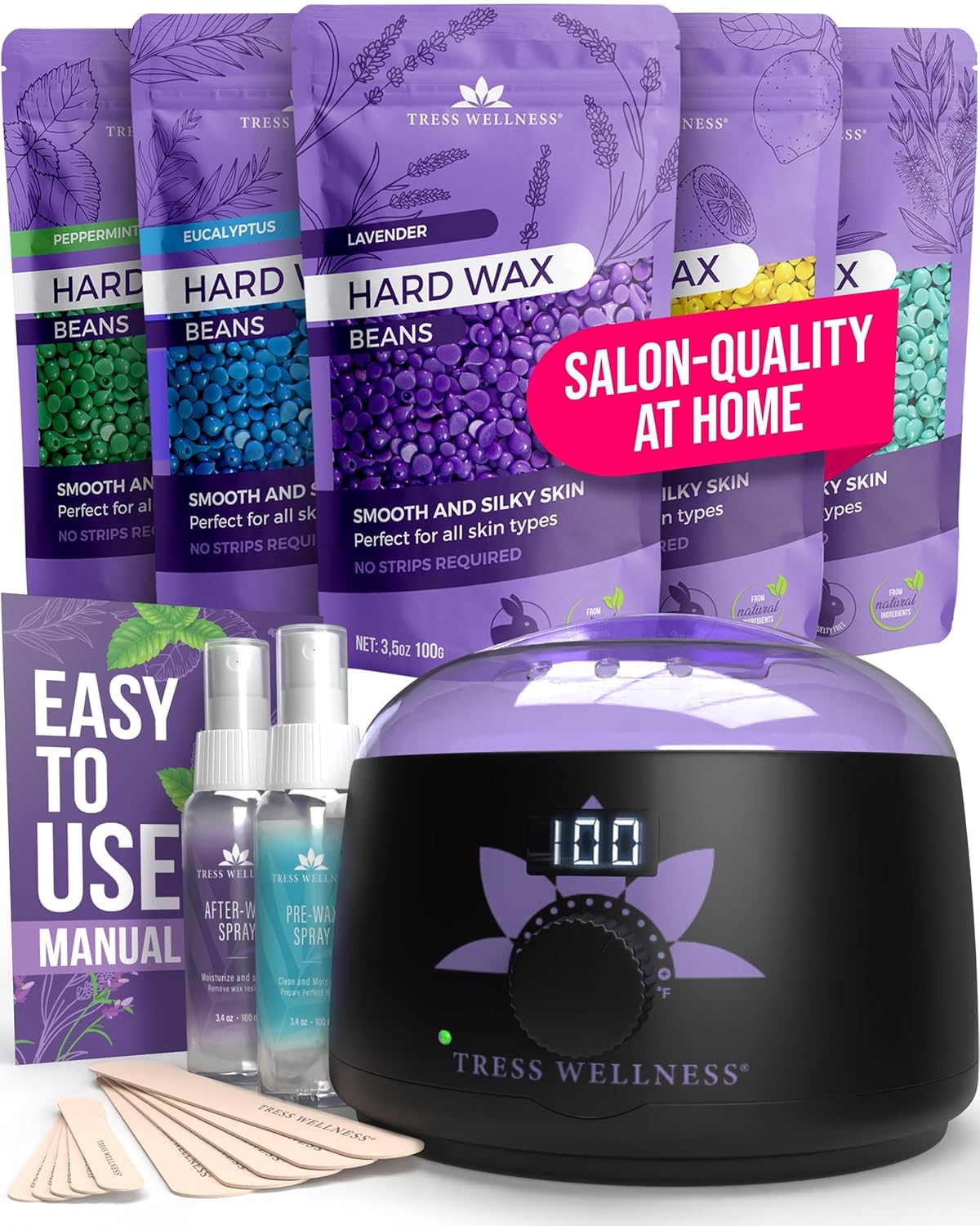 Tress Wellness Award Winning Waxing Kit for Sensitive Skin, Safe for Face & Skin, Easy to Use, At-Home Kit for Face, Bikini, Brazilian & Full Body - Digital Display, Black Purple Flower
