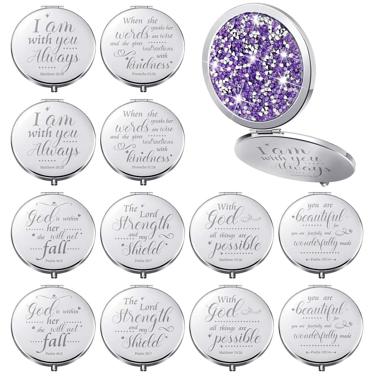 Thyle 12 Pcs Easter Christian Compact Mirror Gifts for Women Bible Study Group Gift Verse Bulk Hand Makeup Compact Purse Religious Baptism for Thank You Holy Communion(Same,Silver)