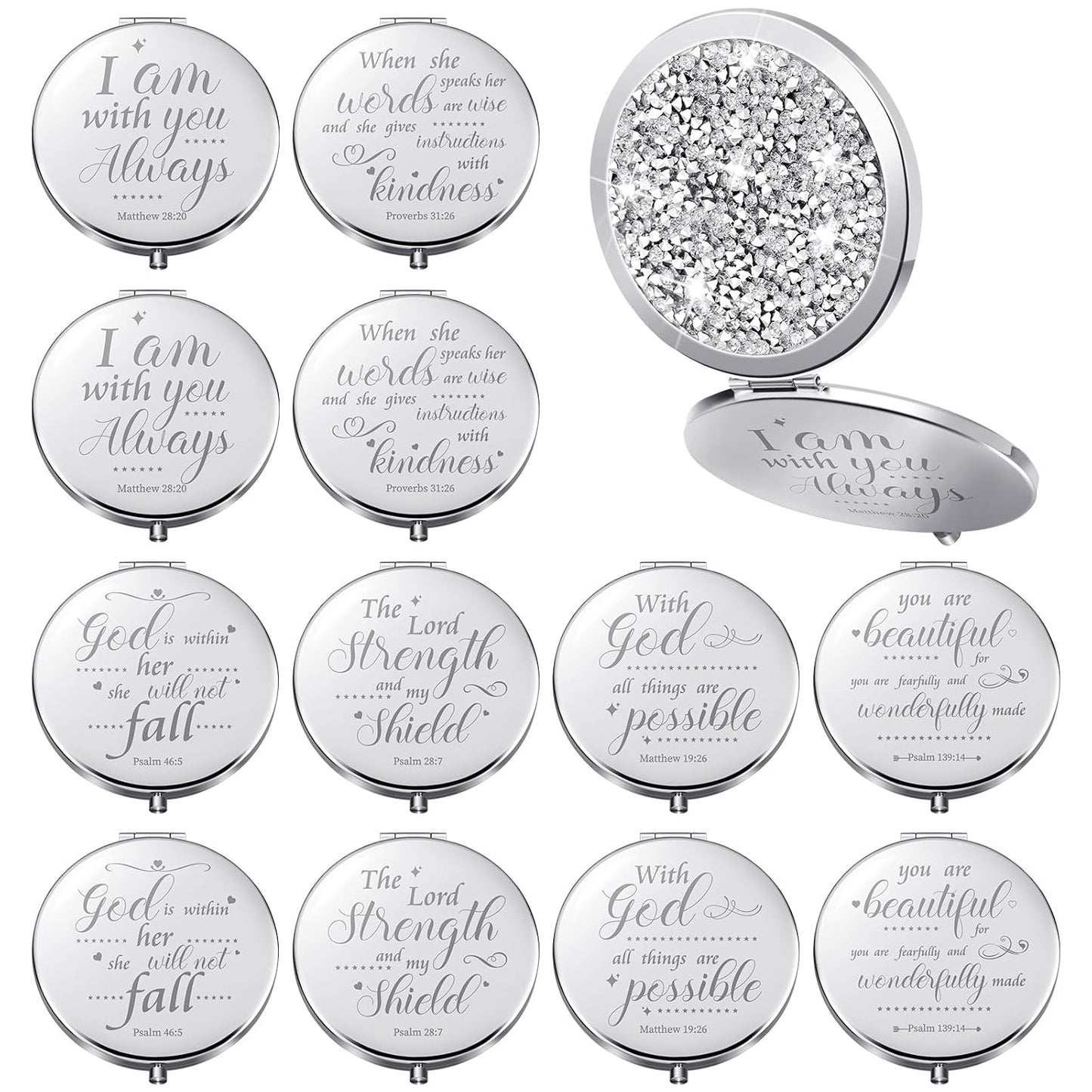 Thyle 12 Pcs Easter Christian Compact Mirror Gifts for Women Bible Study Group Gift Verse Bulk Hand Makeup Compact Purse Religious Baptism for Thank You Holy Communion(Same,Silver)