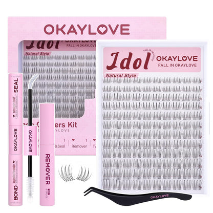 Brown Idol Lash Clusters Kit - Clear Band Natural Wispy Eyelash Extensions with Bond and Seal, 9-16mm