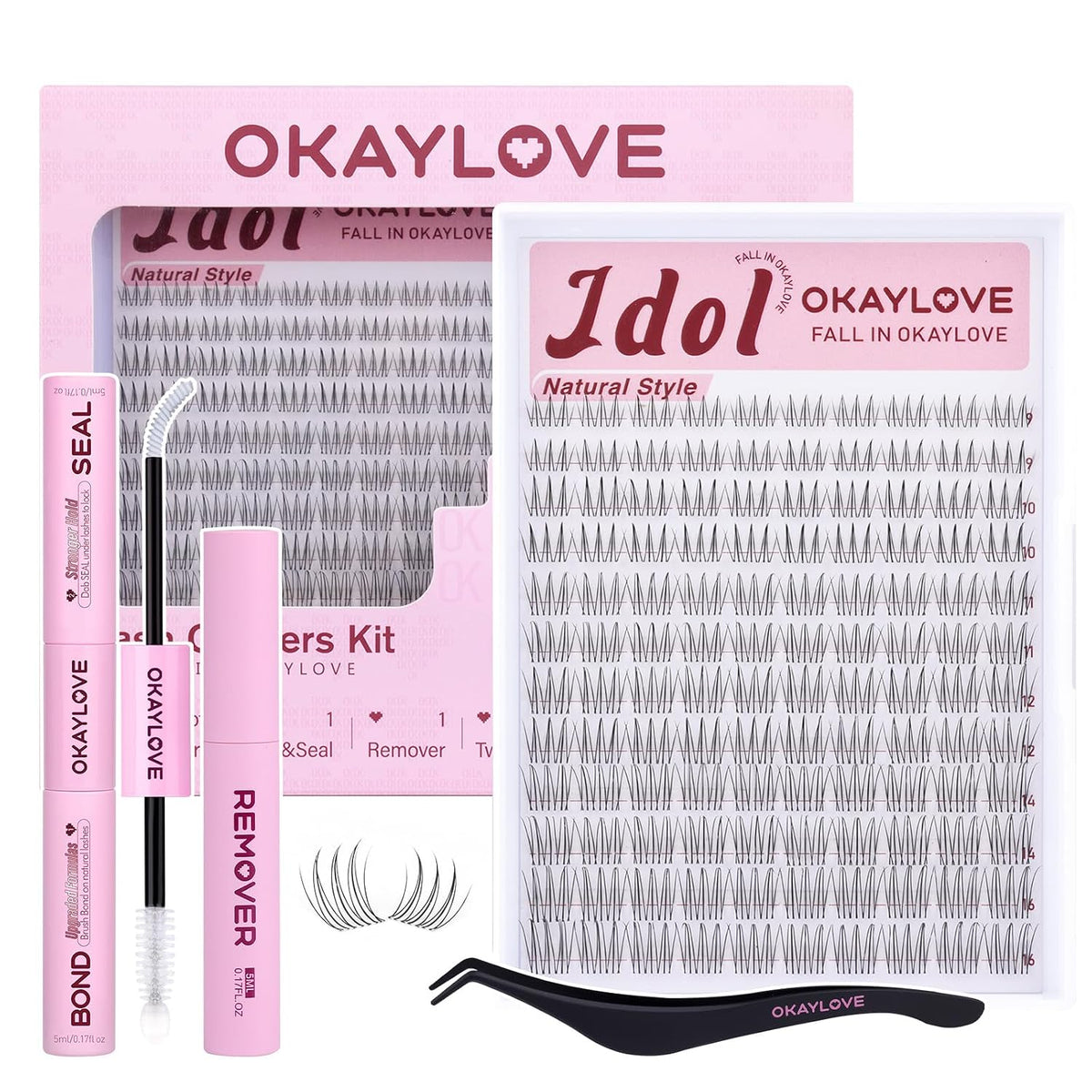 Brown Idol Lash Clusters Kit - Clear Band Natural Wispy Eyelash Extensions with Bond and Seal, 9-16mm