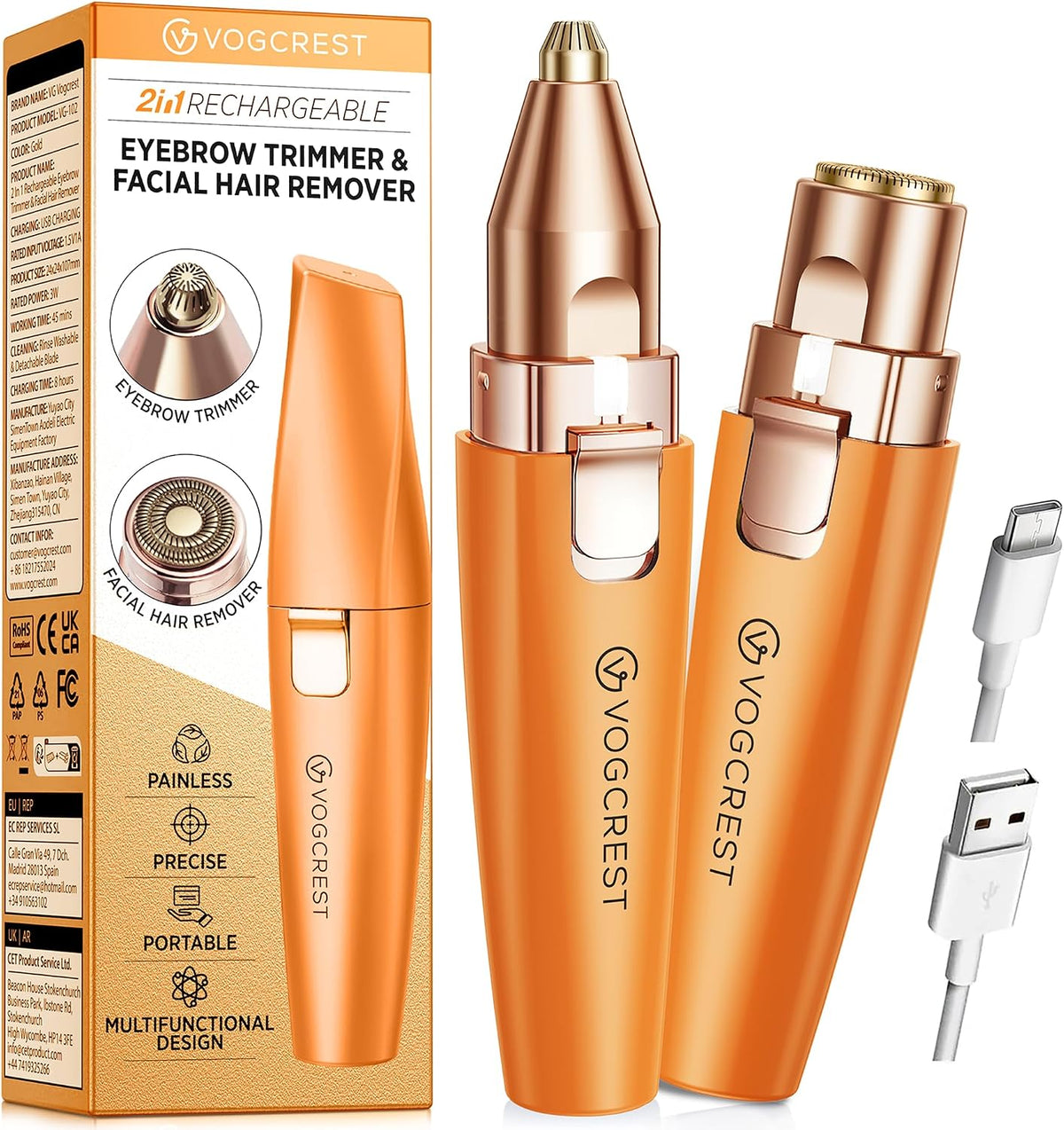2-in-1 Rechargeable Eyebrow & Facial Hair Trimmer with LED Light - Rose Gold