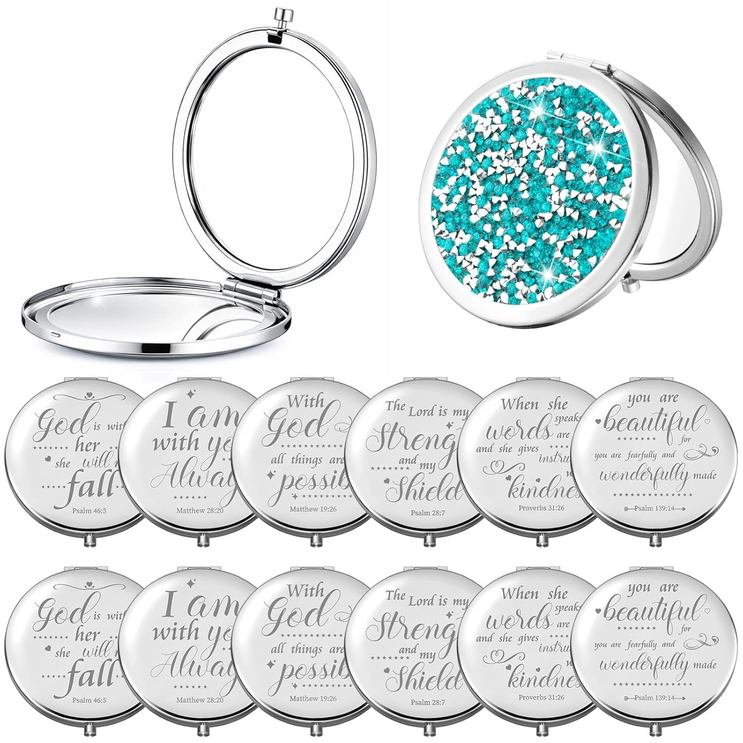 Thyle 12 Pcs Easter Christian Compact Mirror Gifts for Women Bible Study Group Gift Verse Bulk Hand Makeup Compact Purse Religious Baptism for Thank You Holy Communion(Same,Silver)