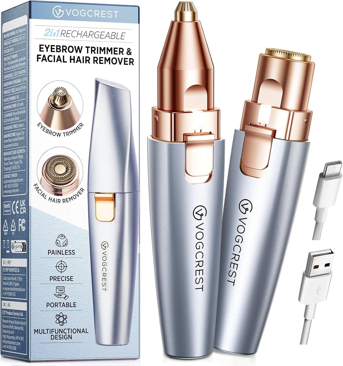 2-in-1 Rechargeable Eyebrow & Facial Hair Trimmer with LED Light - Rose Gold