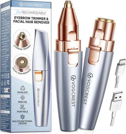 2-in-1 Rechargeable Eyebrow & Facial Hair Trimmer with LED Light - Rose Gold