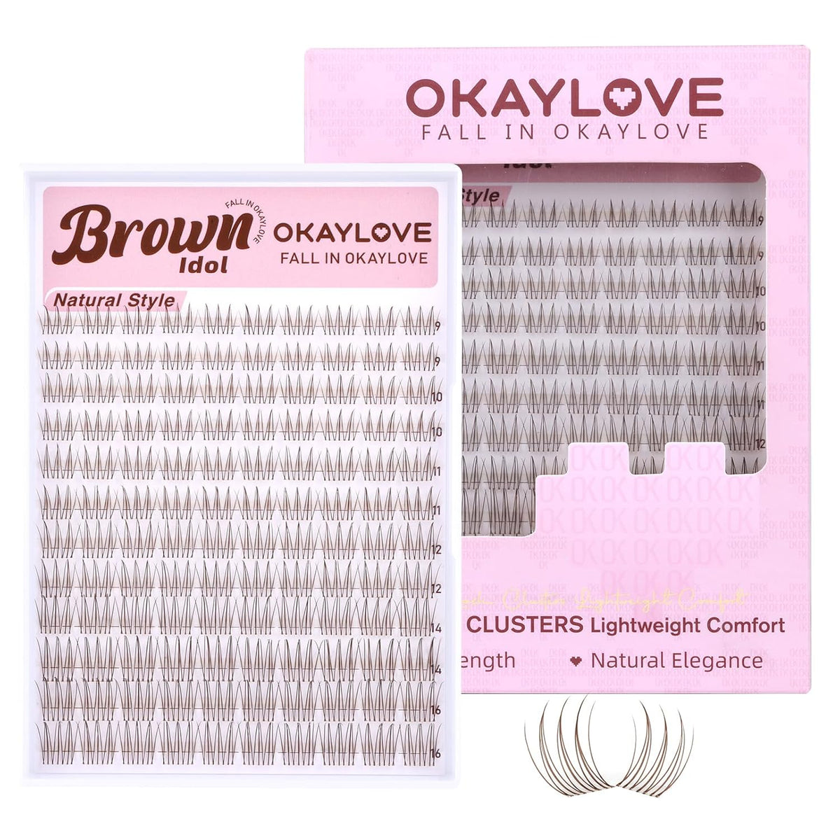 Brown Idol Lash Clusters Kit - Clear Band Natural Wispy Eyelash Extensions with Bond and Seal, 9-16mm