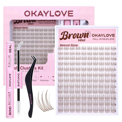 Brown Idol Lash Clusters Kit - Clear Band Natural Wispy Eyelash Extensions with Bond and Seal, 9-16mm