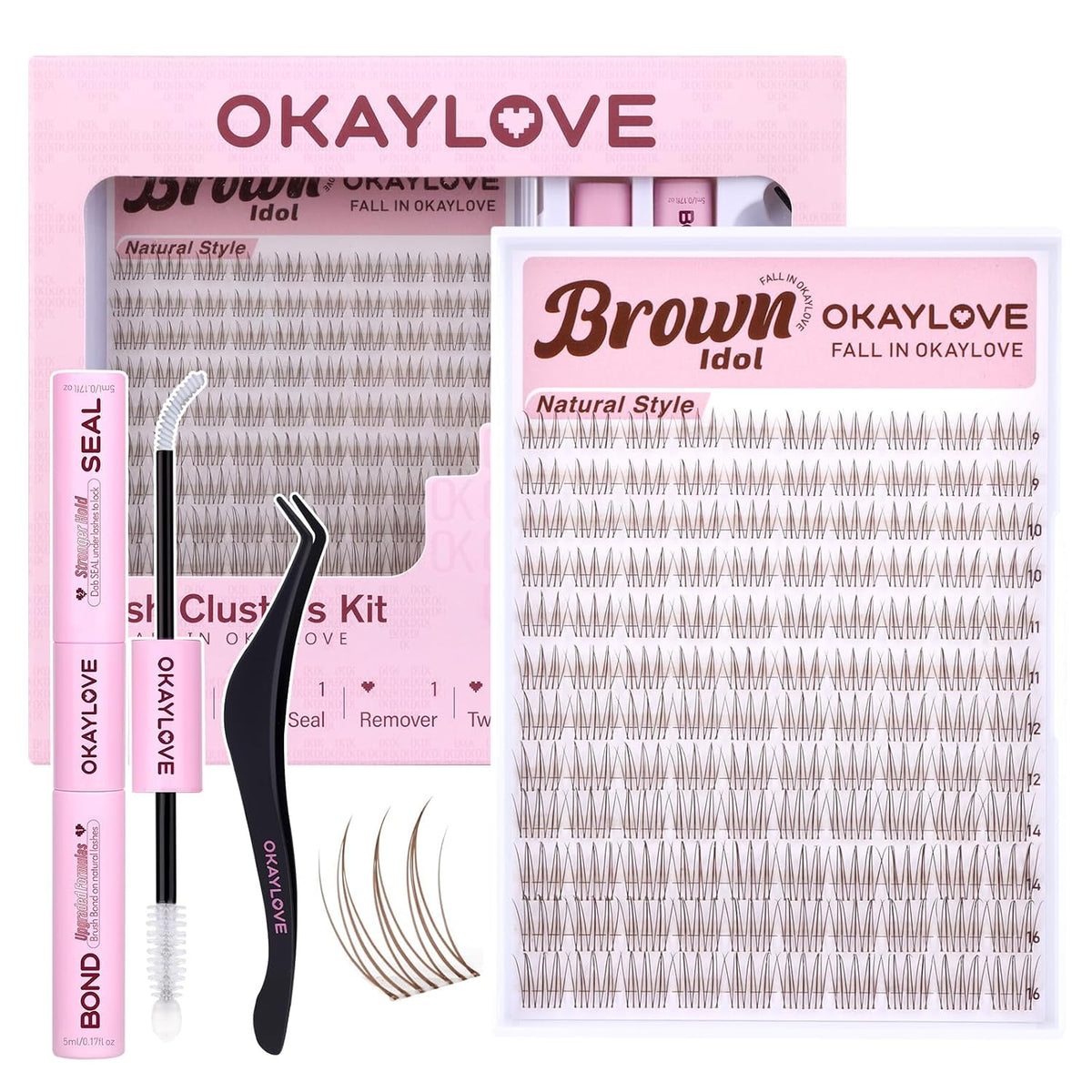 Brown Idol Lash Clusters Kit - Clear Band Natural Wispy Eyelash Extensions with Bond and Seal, 9-16mm