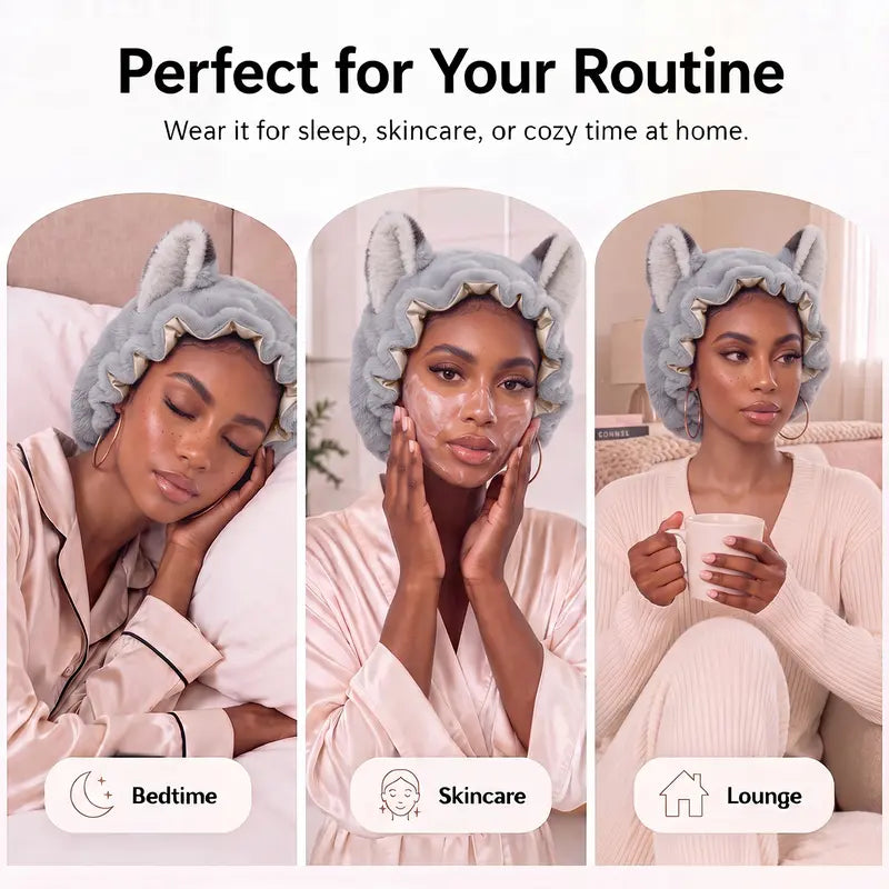 Fox Ear Design Plush Satin Hair Bonnet for Sleeping - Adjustable Elastic Sleep Cap