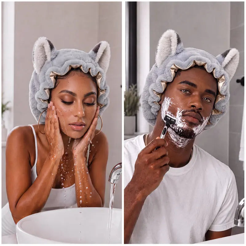 Fox Ear Design Plush Satin Hair Bonnet for Sleeping - Adjustable Elastic Sleep Cap