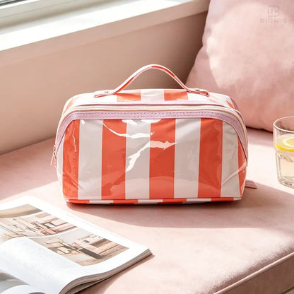 Large Capacity Striped Makeup Bag, Waterproof PVC Travel Organizer with Wide-Mouth Opening