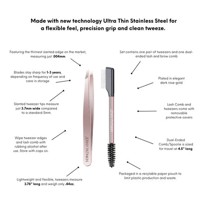 Lashes and Brows Touch Up Tool Set - Precision Stainless Steel Tweezers and Dual-Ended Comb