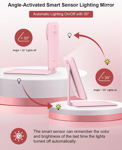 Travel Makeup Mirror with Lights and 10X Magnification, Portable Rechargeable LED Vanity Mirror - Pink