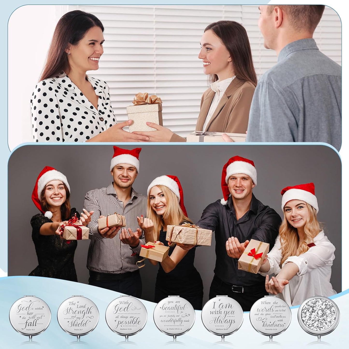 Thyle 12 Pcs Easter Christian Compact Mirror Gifts for Women Bible Study Group Gift Verse Bulk Hand Makeup Compact Purse Religious Baptism for Thank You Holy Communion(Same,Silver)