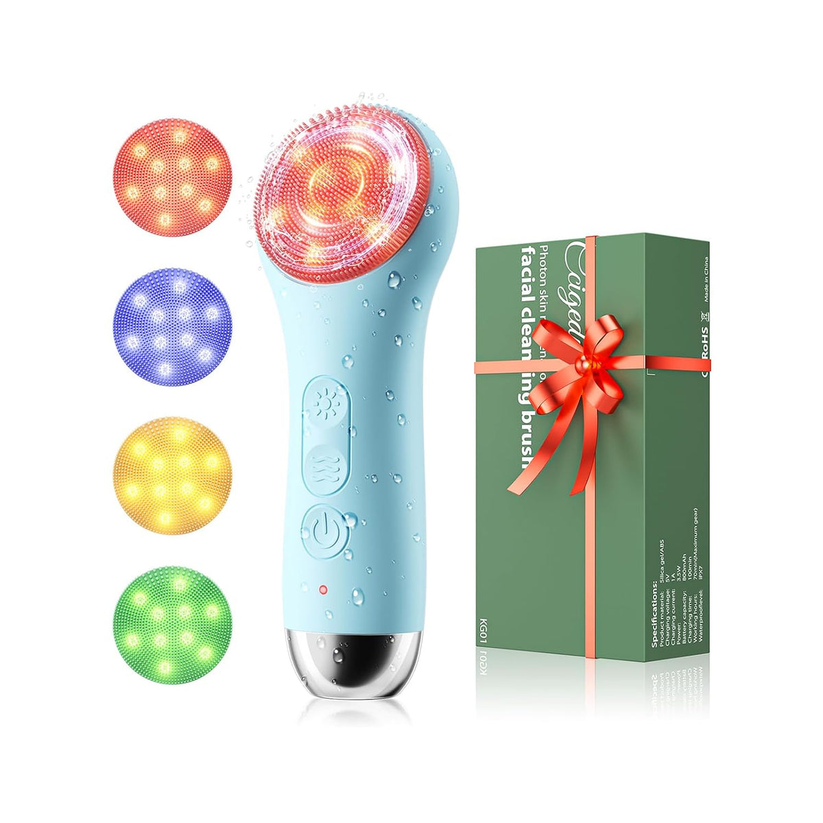 Waterproof Rechargeable Face Cleansing Brush with 4 LED Light Modes & 5-Speed Massage