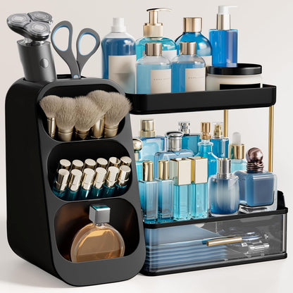 Large Makeup Organizer with Brush Holder, Plastic Vanity Storage for Skincare and Cosmetics