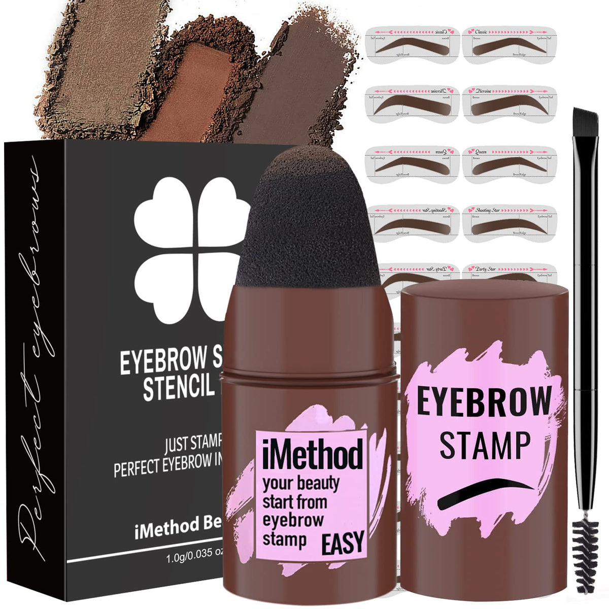 Eyebrow Stamp and Stencil Kit - Perfect Brow Makeup Pomade with 20 Shaping Stencils, Long-Lasting Brown