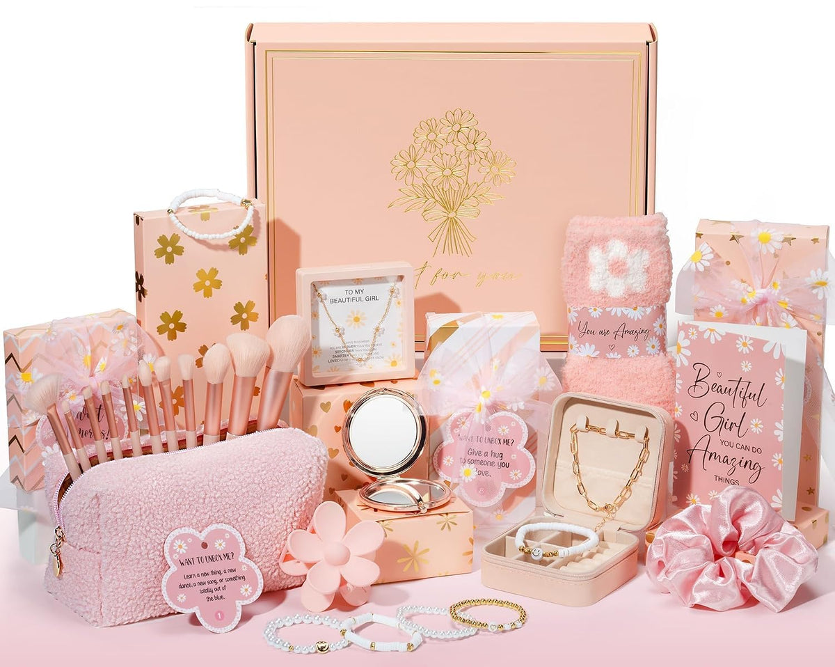 8 PCS Easter Basket Gifts for Tween & Teen Girls, Trendy Makeup Brushes & Bag Set