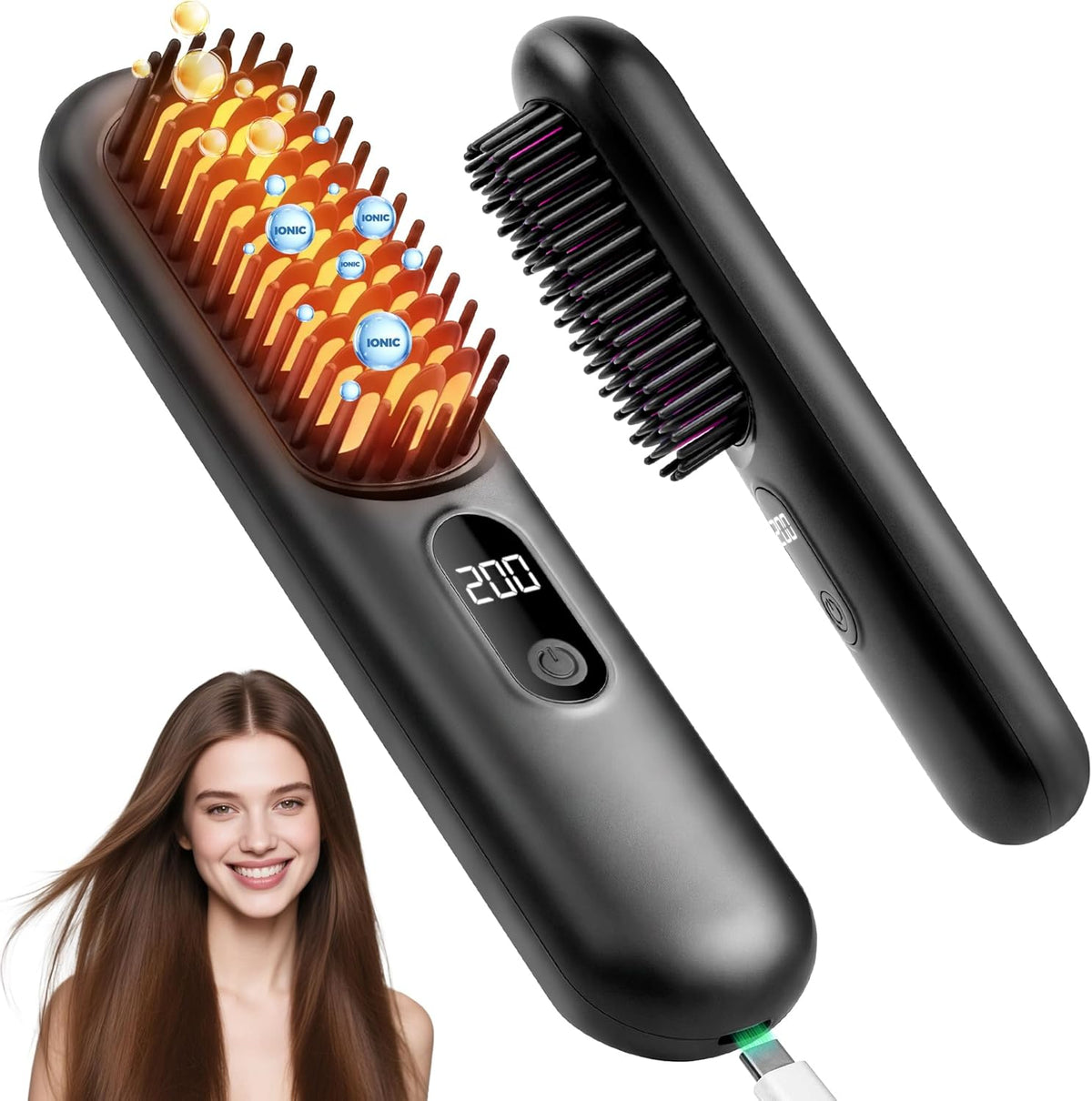 Cordless Hair Straightener Brush, Portable Mini Straightener with MCH Heating & Ionic Ceramic Care