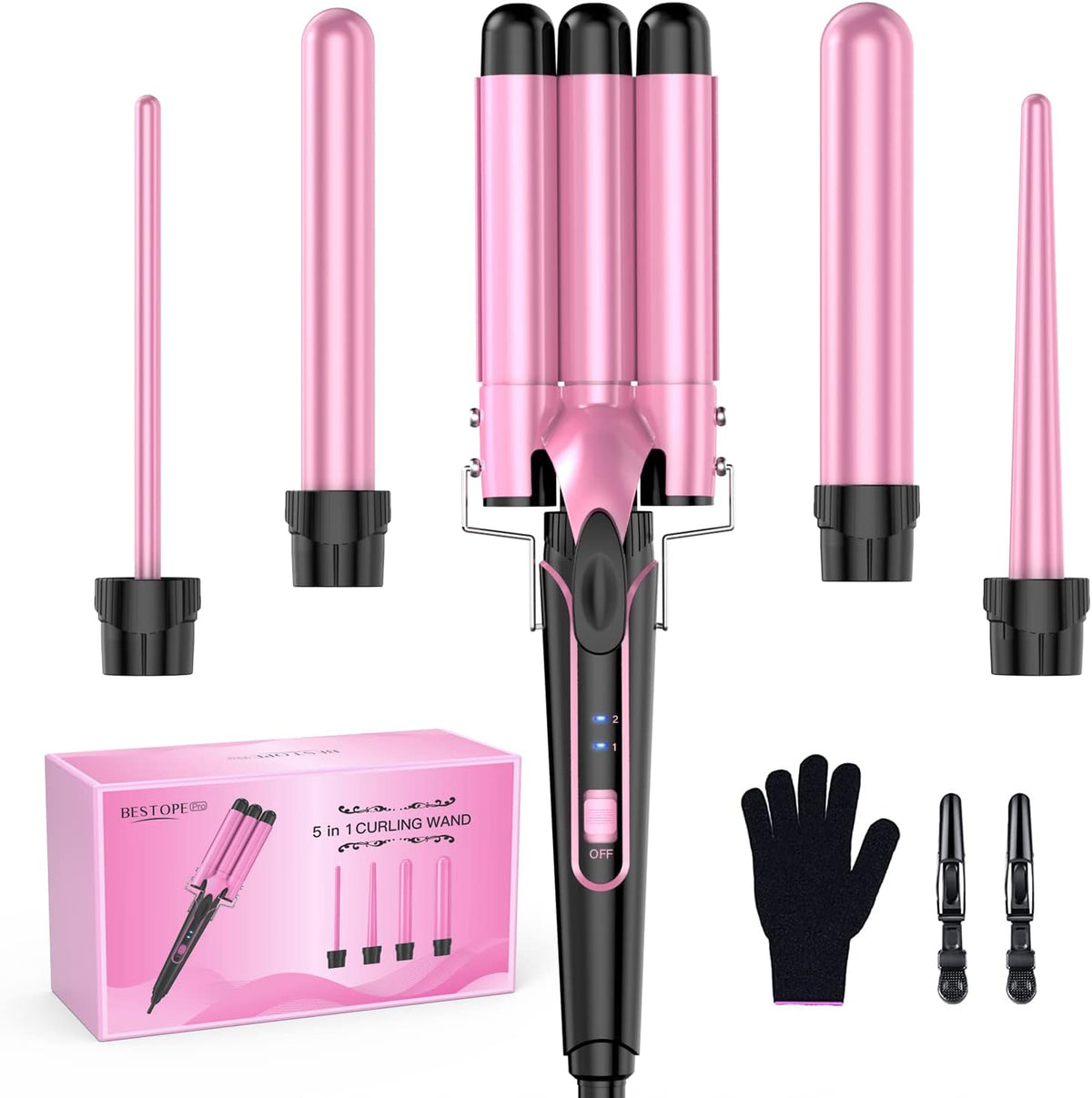 5 in 1 Curling Wand Set with 3 Barrel Hair Crimper, Ceramic Tourmaline Hair Waver for All Hair Types