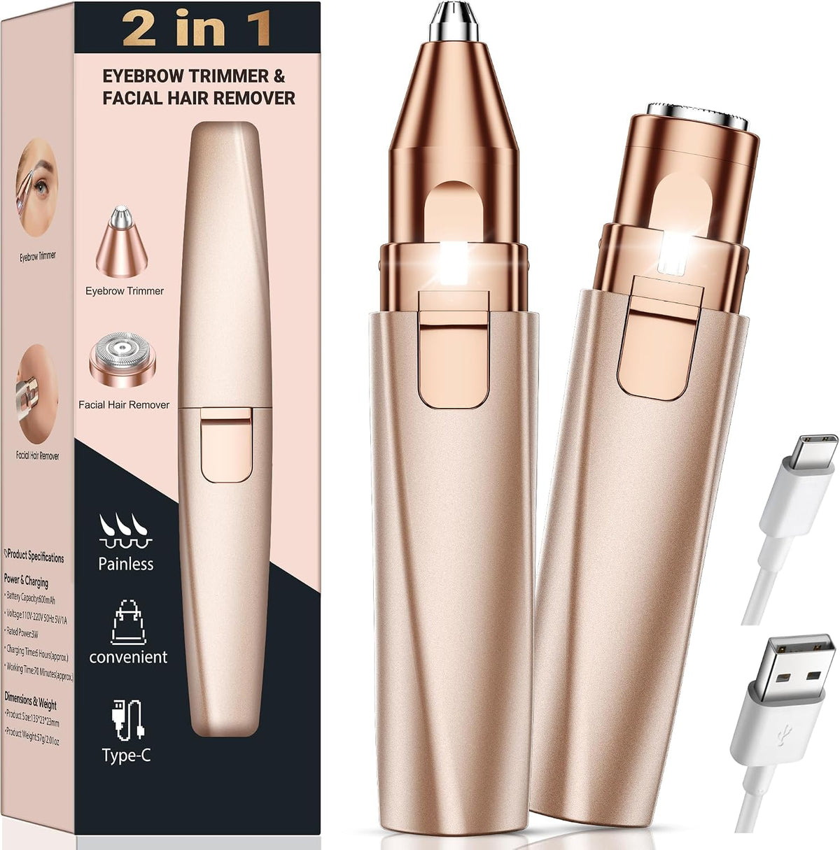 2 in 1 Rechargeable Facial Hair Remover and Eyebrow Trimmer for Women - Painless Electric Face Shaver