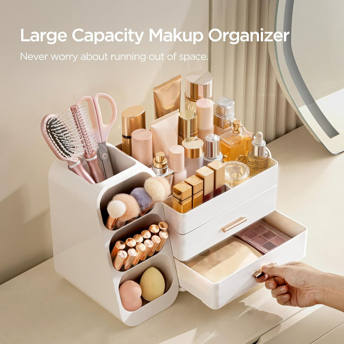 Large Makeup Organizer with Brush Holder, Plastic Vanity Storage for Skincare and Cosmetics