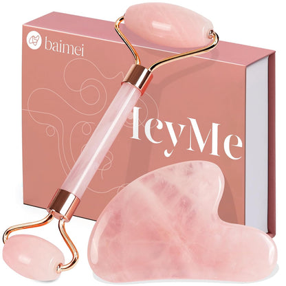Rose Quartz Roller & Gua Sha Set, Cooling Face Roller for Depuffing & Lymphatic Massage