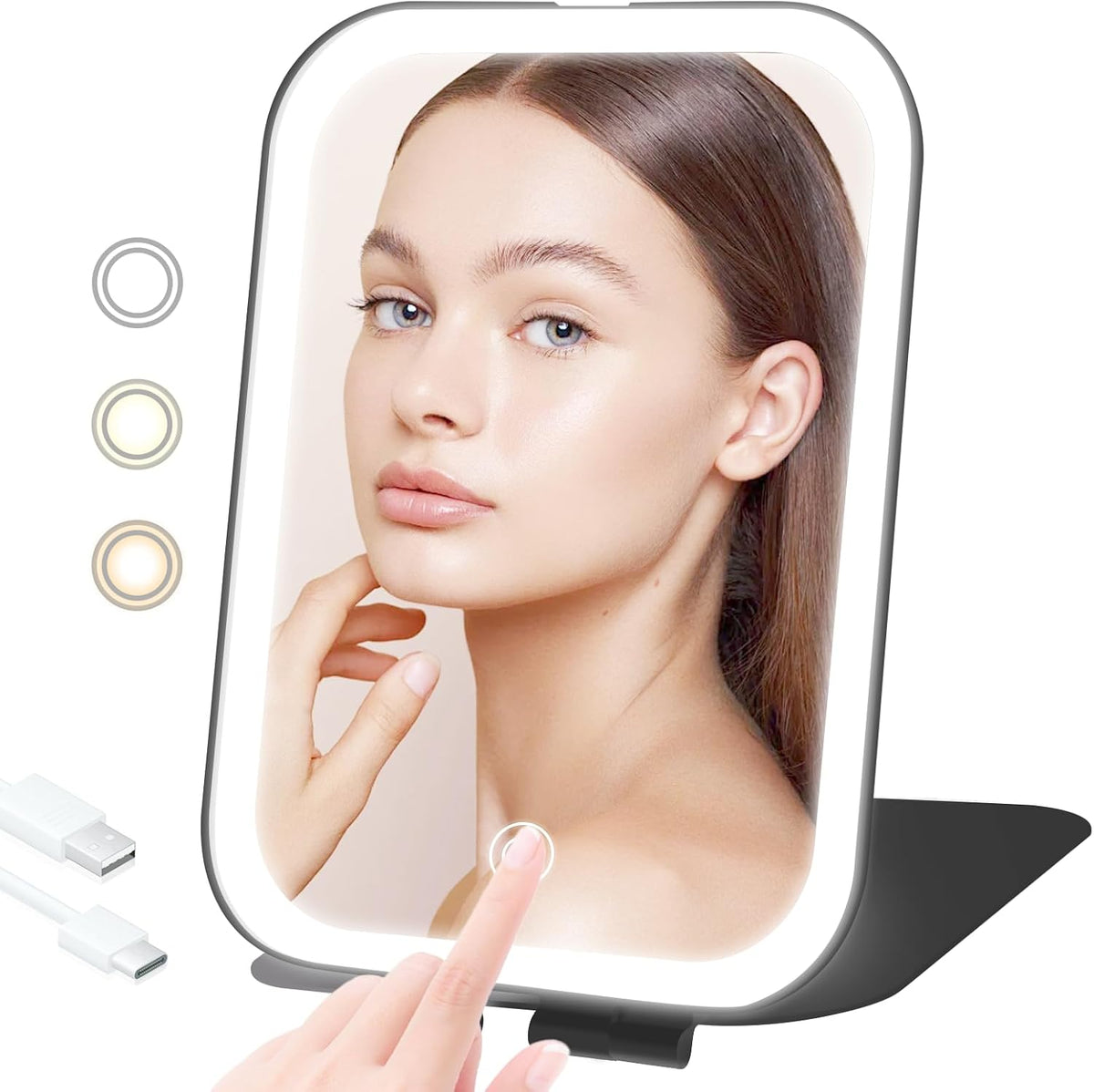 Portable Travel Makeup Mirror with 3 Adjustable Light Settings, USB-Rechargeable Vanity Mirror