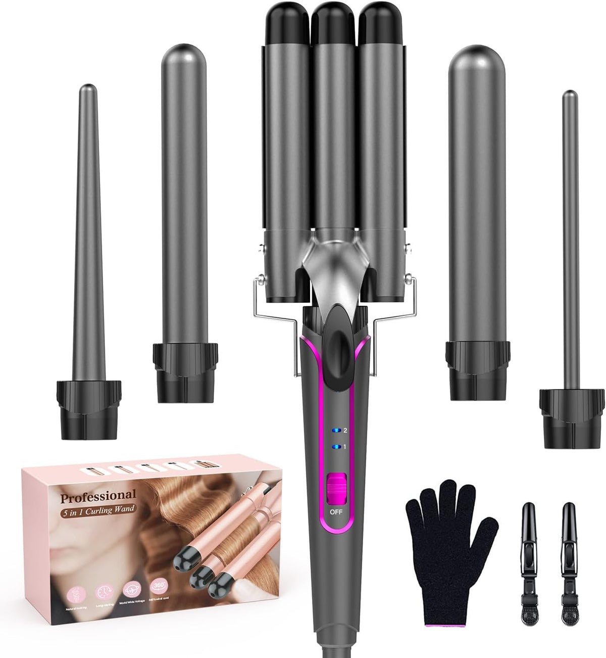 5 in 1 Curling Wand Set with 3 Barrel Hair Crimper, Ceramic Tourmaline Hair Waver for All Hair Types