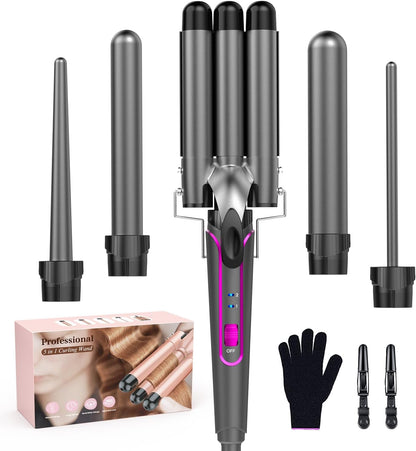 5 in 1 Curling Wand Set with 3 Barrel Hair Crimper, Ceramic Tourmaline Hair Waver for All Hair Types