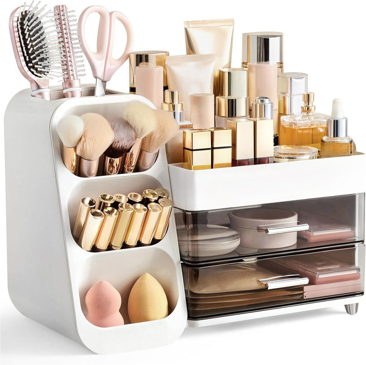 Large Makeup Organizer with Brush Holder, Plastic Vanity Storage for Skincare and Cosmetics