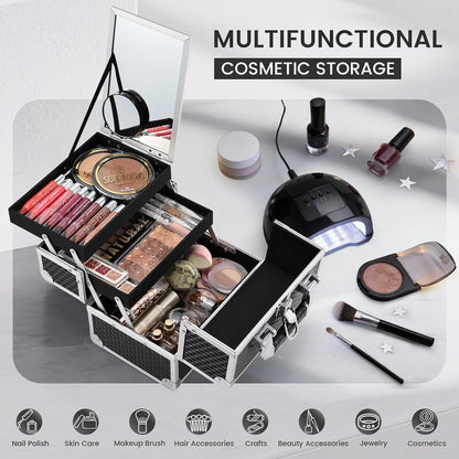 Makeup Box Cosmetic Train Case with Mirror and 2-Tier Trays - Portable Organizer
