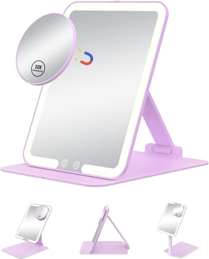 Travel Makeup Mirror with Lights and 10X Magnification, Portable Rechargeable LED Vanity Mirror - Pink